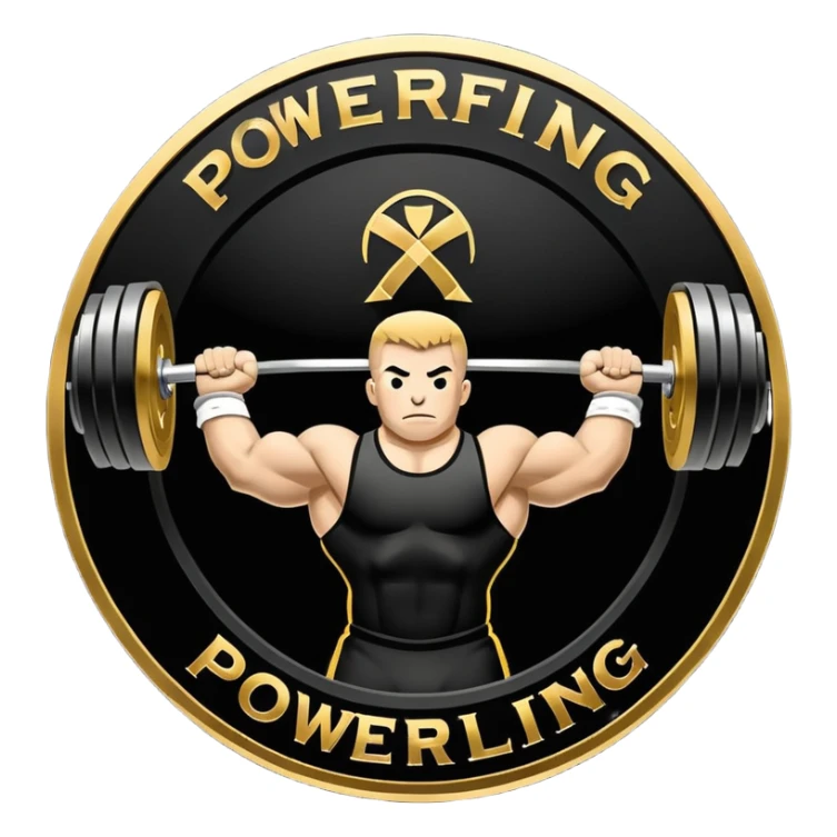 An emblem symbolizing powerlifting, featuring a bold barbell at the center, with strong, muscular arms lifting the barbell. The design is dynamic and powerful, using sharp lines and bold text. The background is minimal, ensuring the focus stays on the emblem. sticker