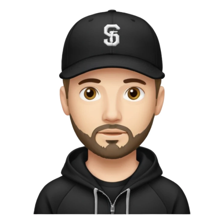Hombre de ojos claros, con barba fina y perilla, gorra negra de baseball bordada con un 08, y sudadera negra sticker