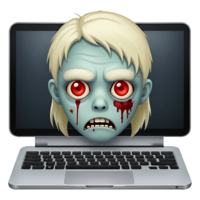 A tired sad zombie behind a laptop sticker