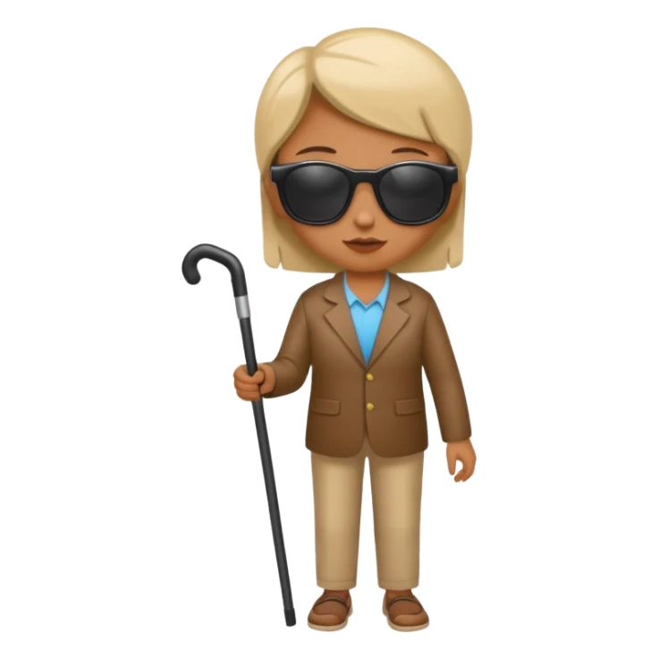 A blind person wearing sunglasses and holding a guide cane sticker