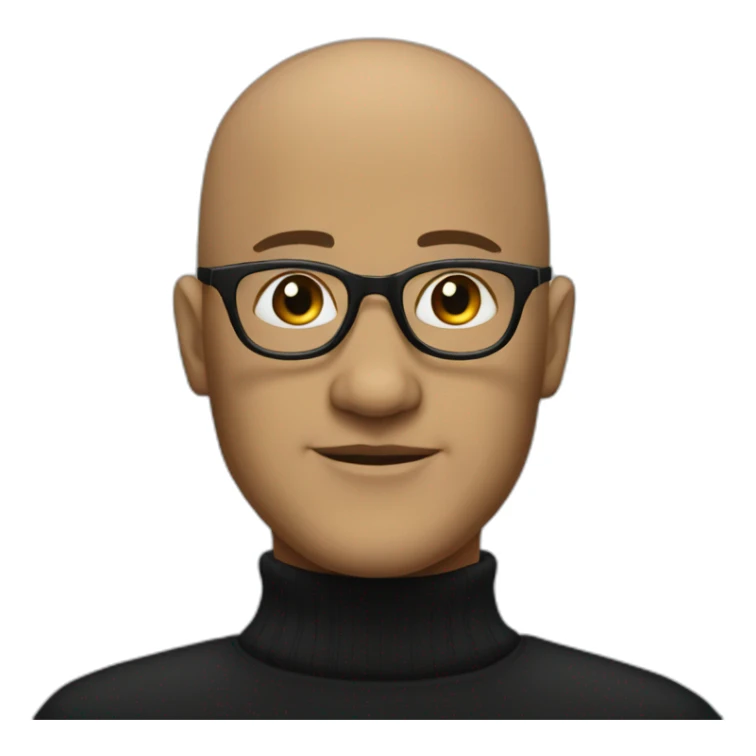 bald individual with an oval-shaped head, dressed in a black turtleneck, and wearing glasses sticker