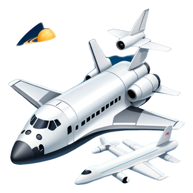 An icon featuring a space shuttle, a drone, and an airplane, symbolizing aerospace technology. The design includes rockets, flight paths, and satellites, representing space exploration and aviation. Transparent background highlights the cutting-edge technologies in air and space travel sticker