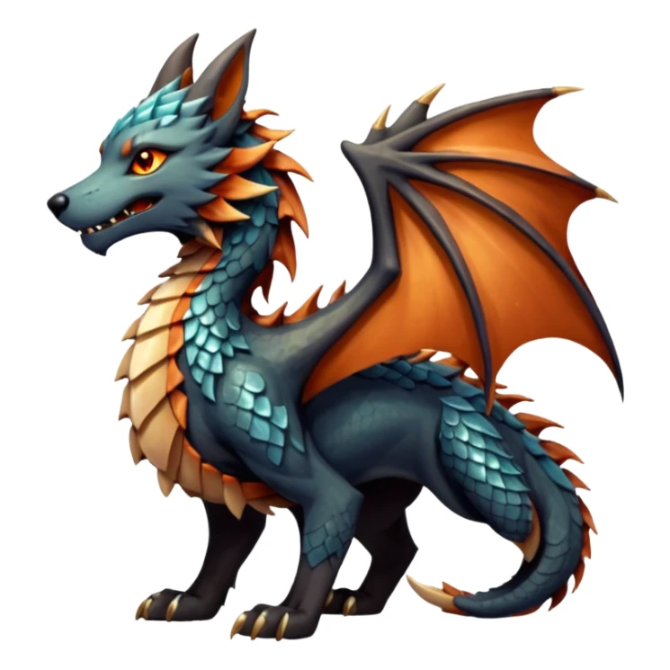 Majestic wolf-like dragon with red sandstone scales and layered plates resembling canyon rock formations. Crystallized mineral mane with copper and gold hues runs down its neck and back. Obsidian claws, amber eyes, and a tail of stone spires. Pokémon style. sticker