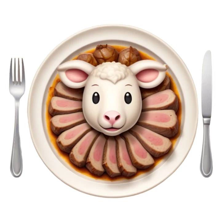 Roast Lamb Cinematic Realistic Roast Lamb Dish Emoji, depicted as thinly sliced roast lamb arranged artfully on a plate, rendered with rich textures and warm, inviting lighting. sticker