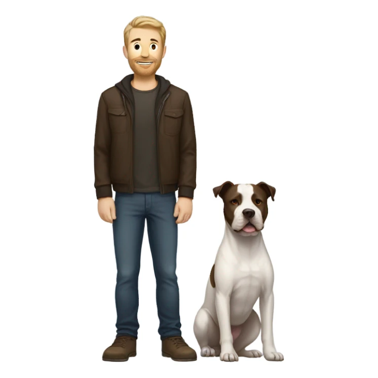 white male with dark brown hair and a lightly scruffy beard shadow standing alongside a white pitbull sticker