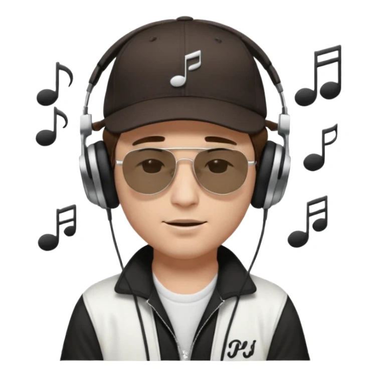 emojis.com dj-man-white-with-baseball-cap---rayban-sun-glasses-80s---brown-hair---closed-eyes-with-headphones-on-with-musical-note-over-head-(listening-to-music-)---eyes-closed-no-glasses---black-hat--musical-notes sticker