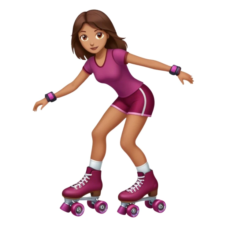 brunette long hair, tan skin, burgundy rollerskate sticker