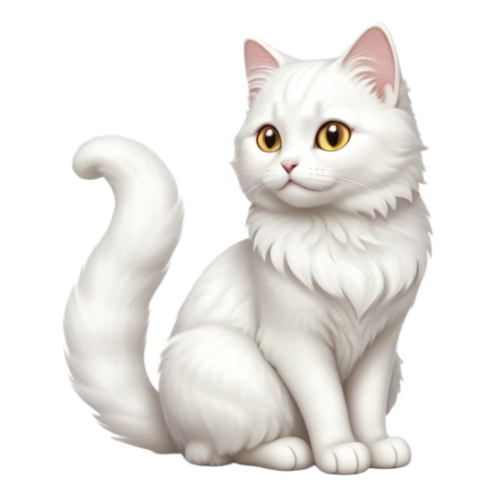 cinematic-[white cat]-realistic-full-body-sitting-emoji,-tail-curled-playfully-around-its-paws,-head-tilted-dramatically,-fluffy-[white]-fur,-simplified-yet-realistic-focused-features,-highly-detailed,-glowing-with-an-almost-sarcastic-glow sticker