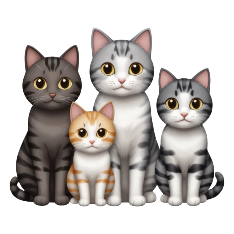 3 different coloured short haired cats including; a dark brown tabby and white cat, and a dark grey and white  sticker