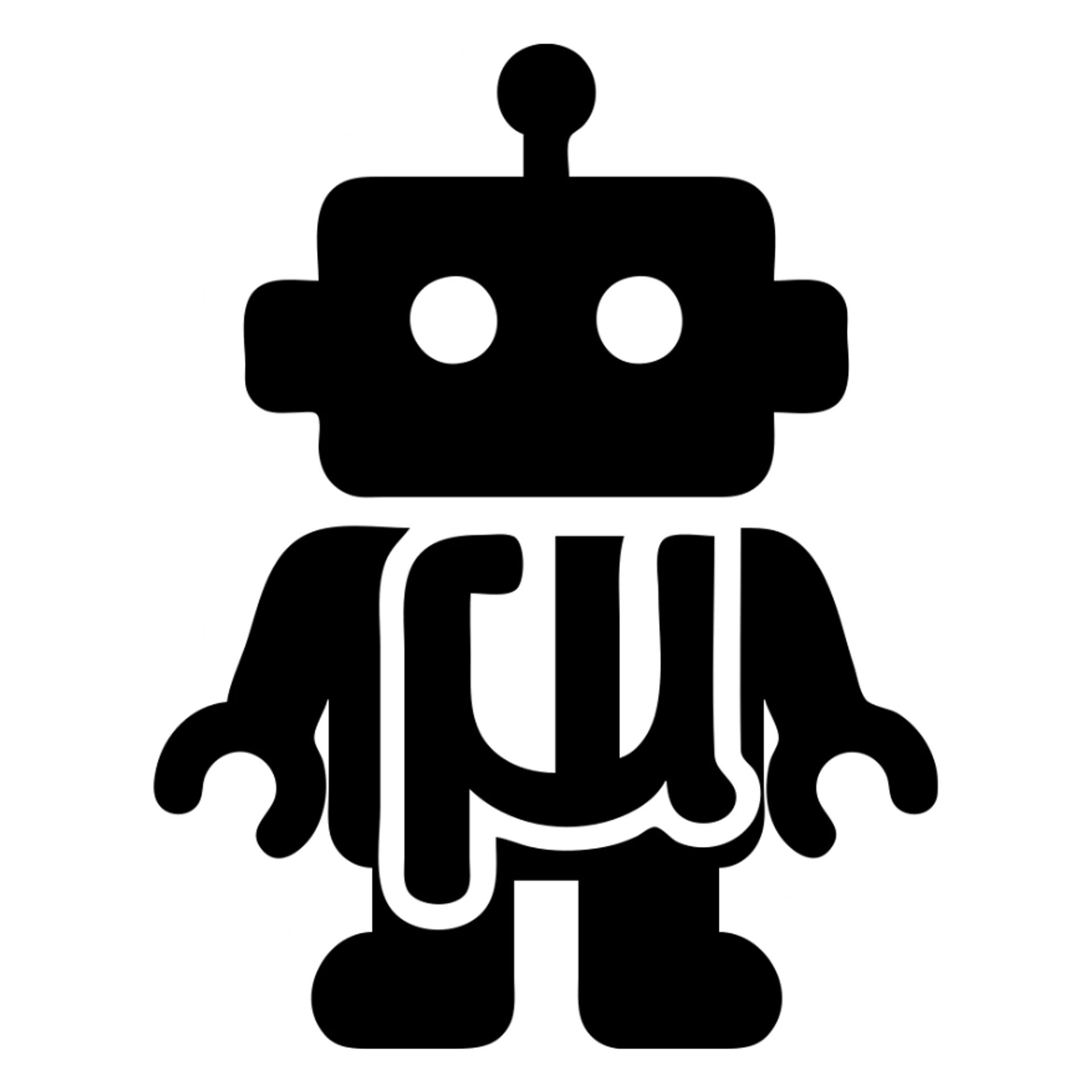 solid filled icon of a blue lowercase mu symbol with a toy-styled robot behind it sticker