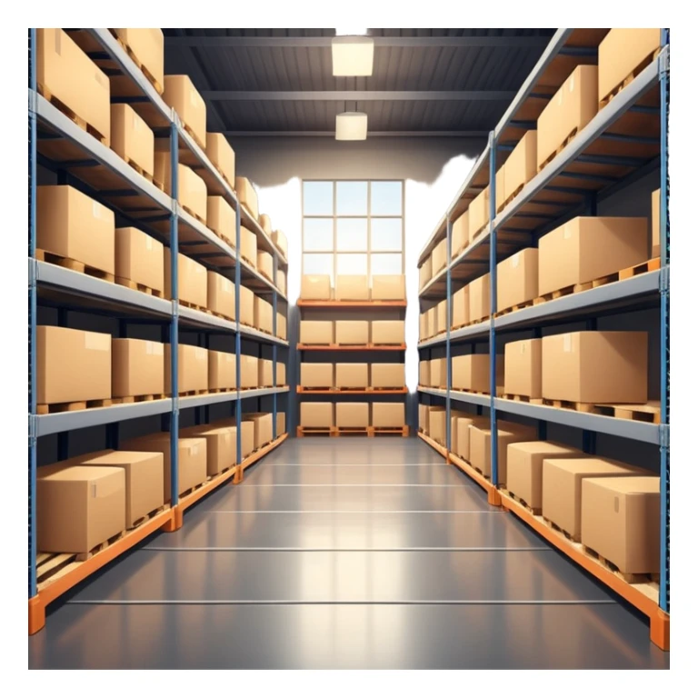 Modern warehouse interior, ultra-realistic, 4K, industrial shelves with boxes and pallets, soft lighting, realistic shadows, sharp focus, cinematic depth of field, professional photography. sticker