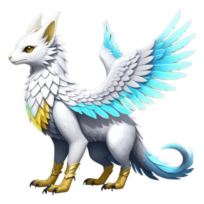 White Iridescent Colorful Exotic White, Gold, Yellow, Silver, Beaked Feathery Nocturnal Neon-glowing Abyssal Lightly Heaven-Cat-Gryphon-Salandit-Nargacuga-Silvally-Vernid-Sergal-Fakémon-Hybrid-Creature (full body) sticker