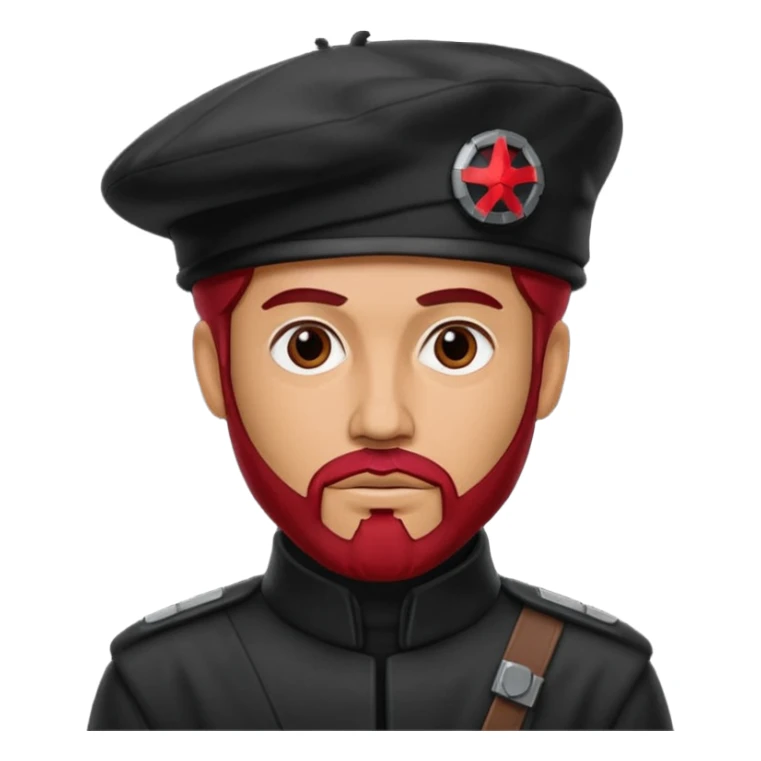 A tall guy with a red goatee. He wears a black baret dressed like a star wars smuggler  sticker