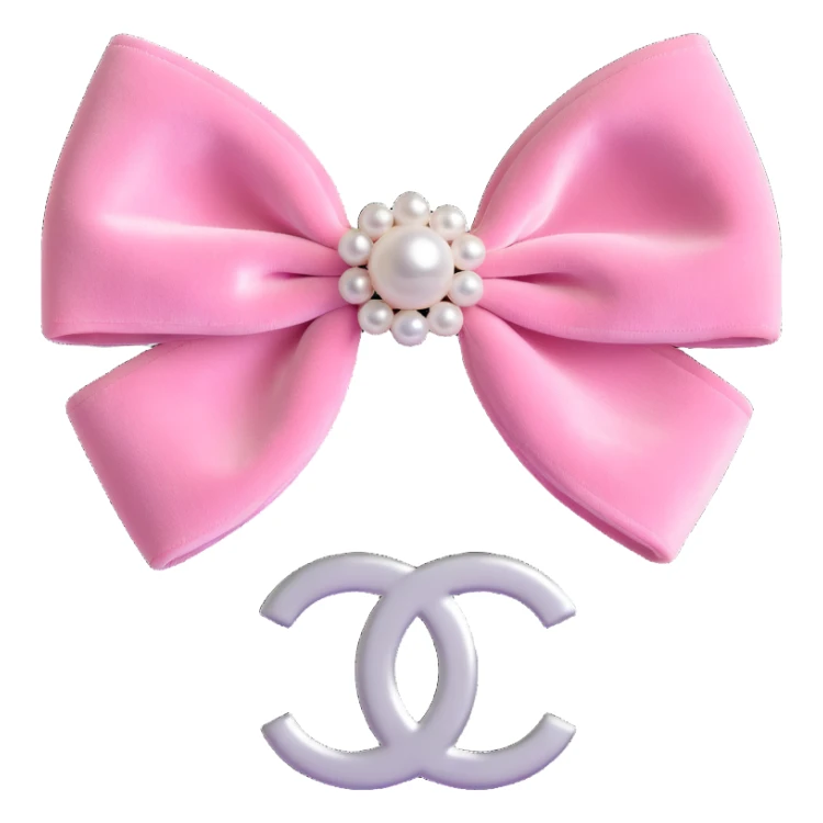 Change the double-layered velvet bow to pink, keep pearls and silver Chanel logo, elegant, glossy, black and white, 3D emoji style, with no background sticker