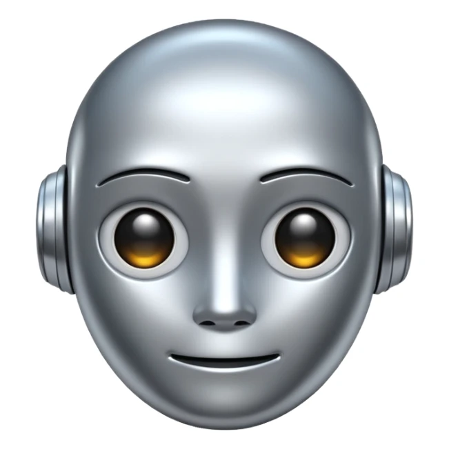 A cute futuristic robot emoji made of silver chrome, rounded friendly body, minimal facial features, glossy metallic surface, soft reflections, iOS emoji style, centered, clean white background sticker