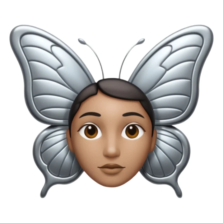 Liquid metal butterfly emoji, silver chrome material, iOS emoji style, smooth curves, reflective surface, elegant and minimal, white background sticker
