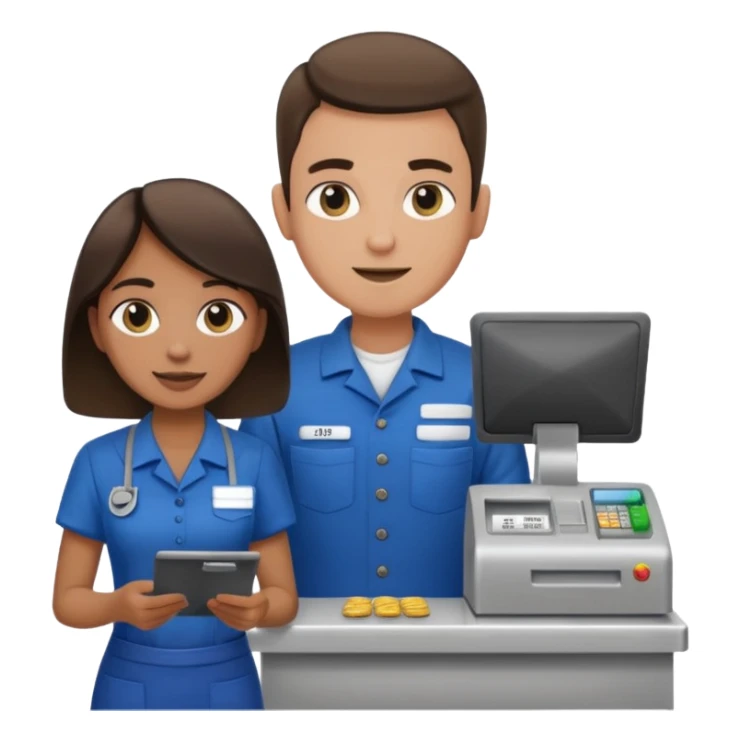 Supermarket employee at a cash register, full body, serving a man sticker