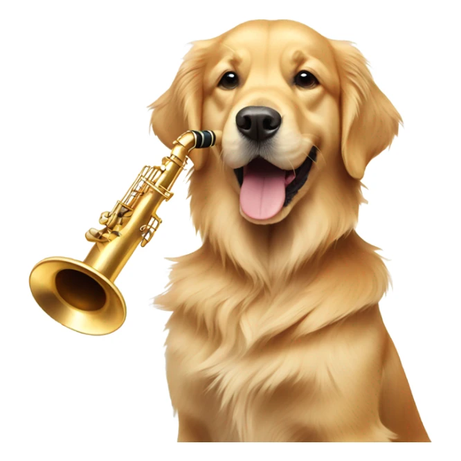 Golden retriever dog with a saxophone sticker