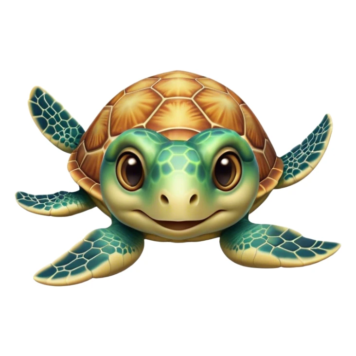 Cinematic Cute Sea Turtle Portrait Emoji, Head tilted playfully and inquisitively, featuring a charming, compact form with a beautifully patterned, domed shell and gentle, sparkling eyes full of oceanic wonder, Simplified yet irresistibly adorable features, highly detailed, glowing with a warm, friendly sea glow, high shine, affectionate and lively, stylized with a touch of whimsical marine charm, soft glowing outline, capturing the essence of a mischievous yet loving sea turtle that seems as if it could swim out of the screen into your arms! sticker