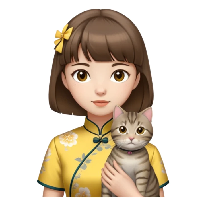 girl with brown hair and bangs wearing yellow qipao with gray tabby cat sticker