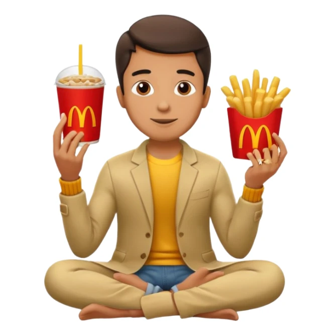 man in lotus pose eating McDonalds burger and fries sticker