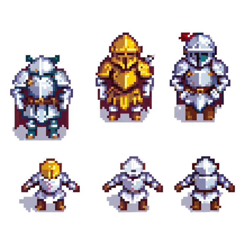 A pixel art knight in armor with a closed helmet, expressing surprise. The knight's arms and legs are in different positions. The image is portrait-sized and has a clear outline. sticker