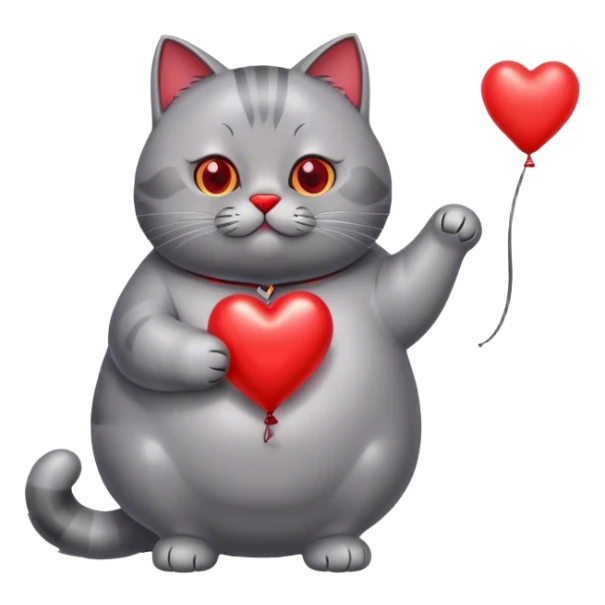 gray fat British cat and red heart metallic baloon sticker
