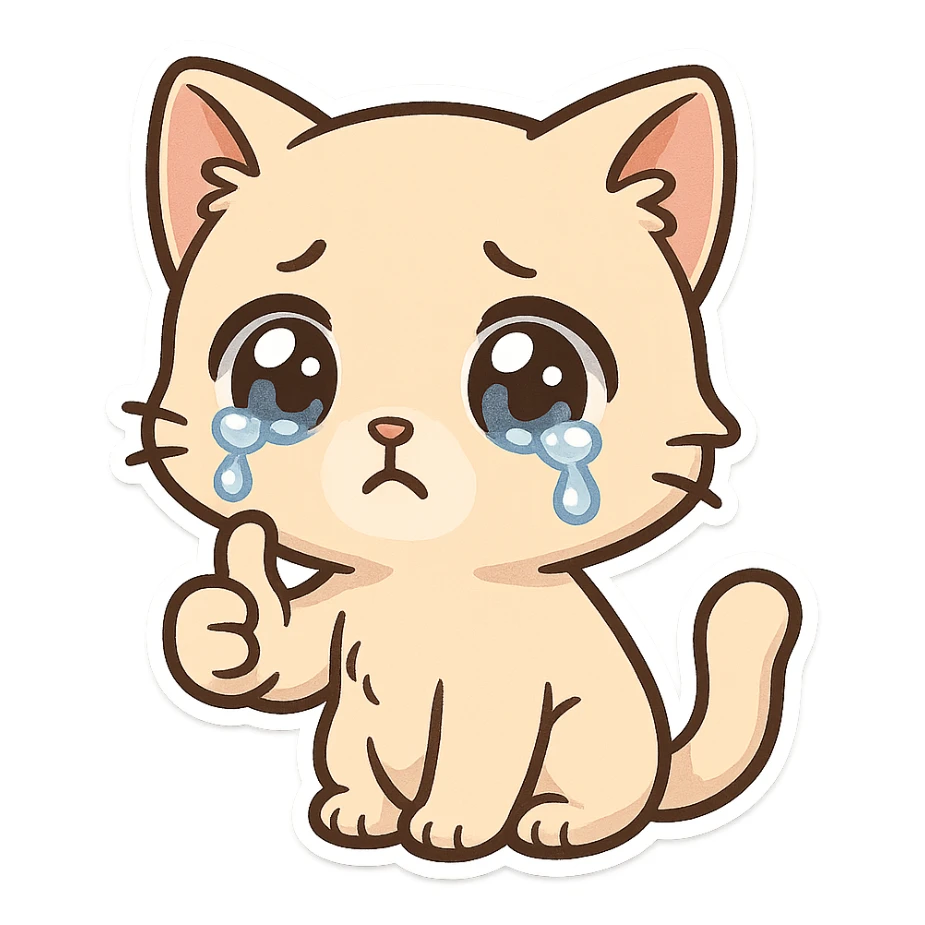 A kitten with tearful eyes, giving a thumbs up sticker