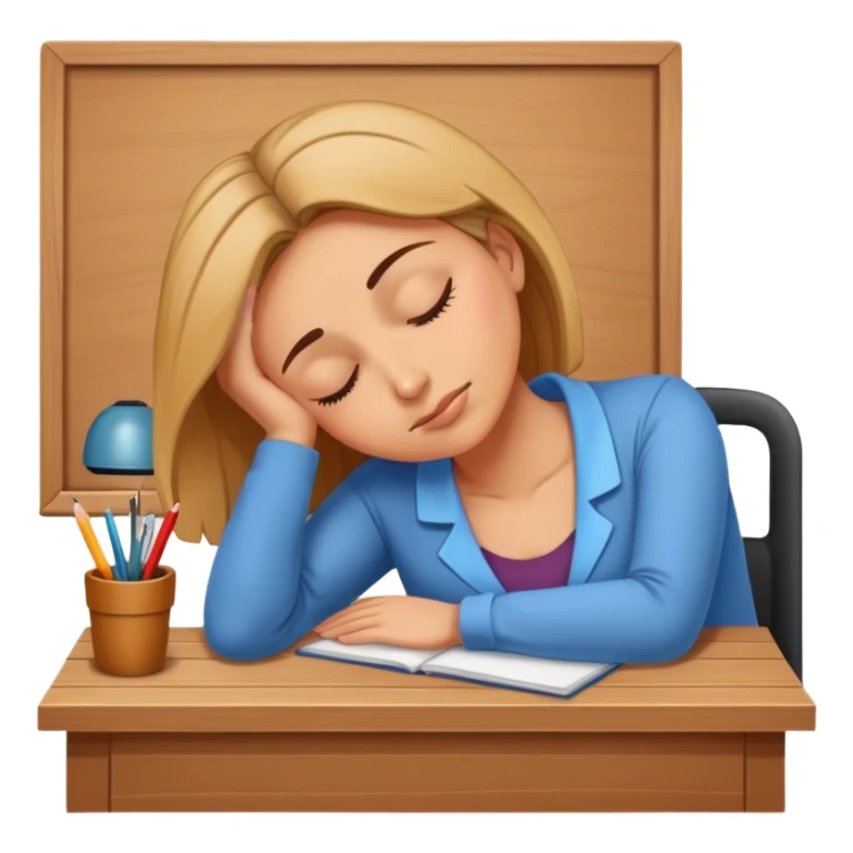 Tired woman teacher sleeping with head on desk sticker