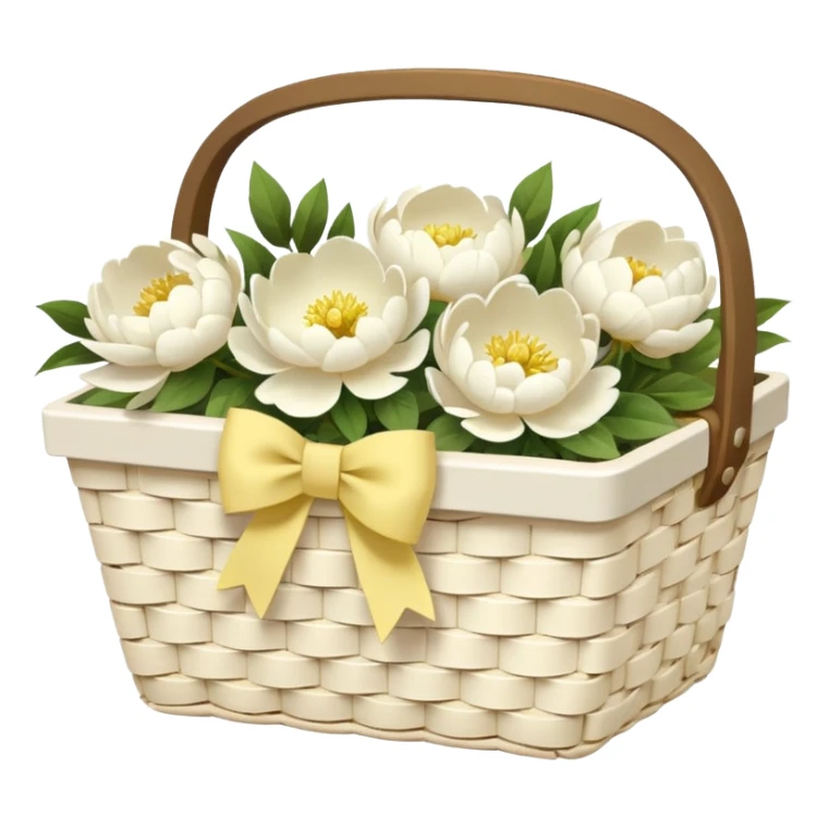White Picnic basket with pastel yellow bow and white peonies inside sticker