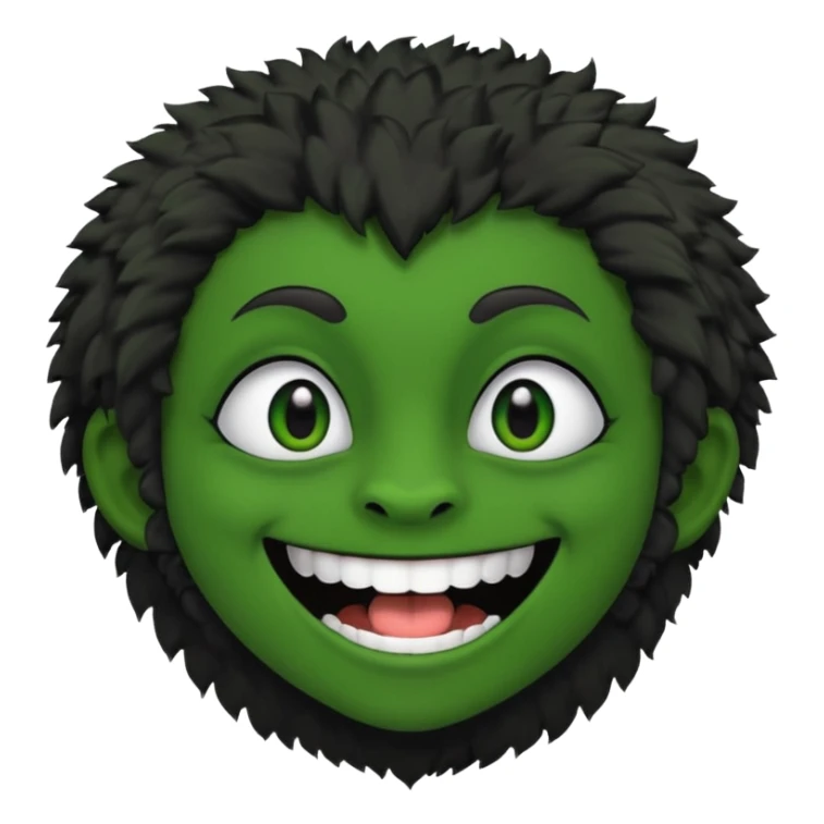 A bald person with green sclera and green teeth, grinning widely. Has fluffy black neck fur, with a fluffy black body sticker