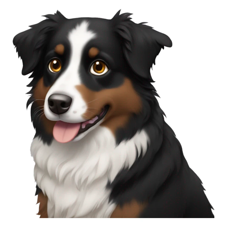 Small black australian shepherd dog with dark brown eyes and black face sticker