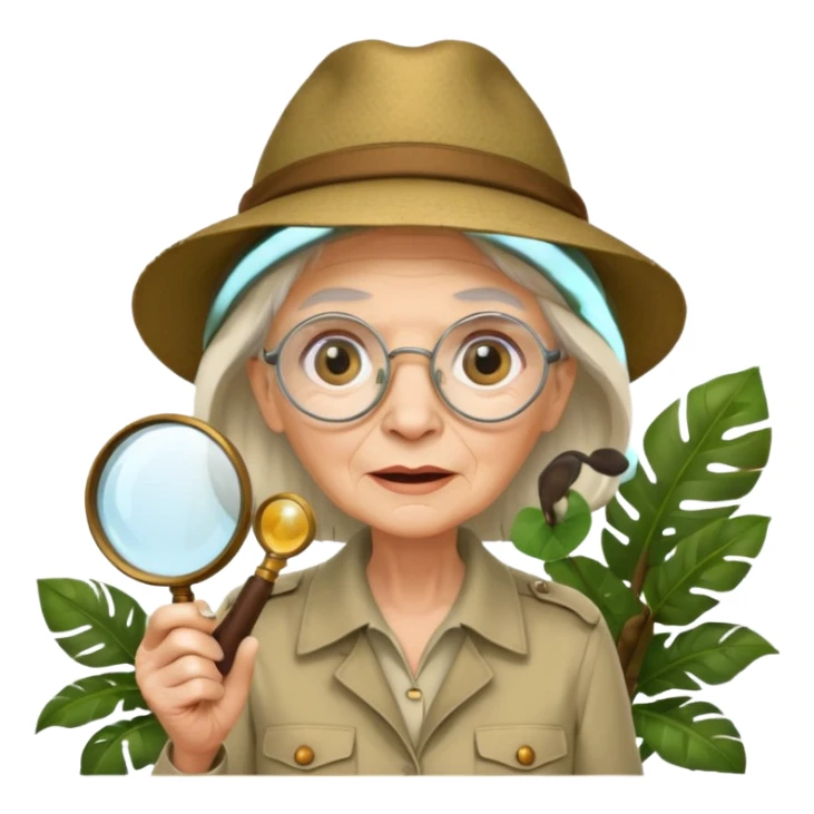 an old woman with jungle and magnifying glass sticker