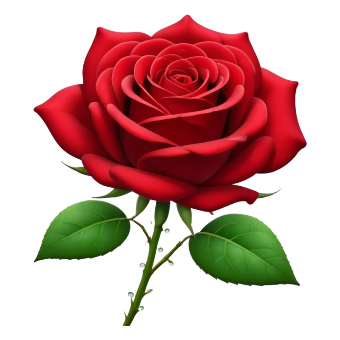 Cinematic Realistic Rose Emoji, Elegant and full of grace, with velvety, deep red petals unfurling in a perfect bloom, dew drops glistening on the soft edges, and a faint fragrance hanging in the air. The lush green leaves surround the stem, creating a vibrant contrast to the rich color of the petals. Soft glowing outline, capturing the essence of timeless beauty and romance in a single bloom. sticker