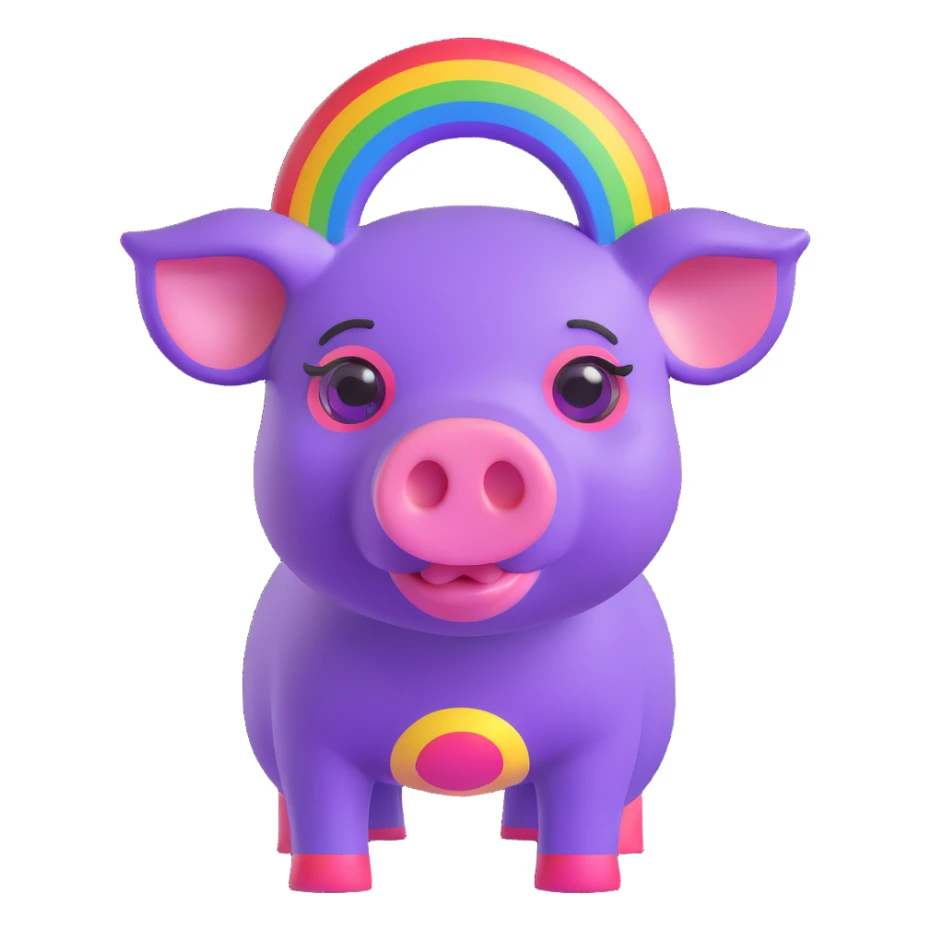 purple cyborg pig with a rainbow over her head, 3D cartoon style sticker
