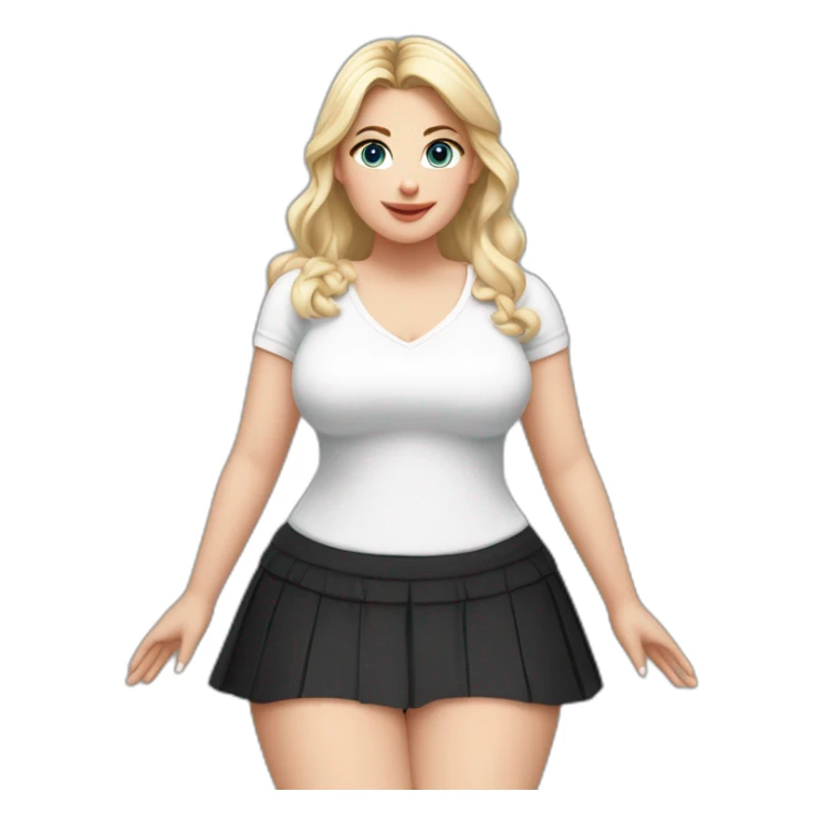 Front view full body curvy caucasian beauty sitting straight hands up black skirt white knickers white socks sticker