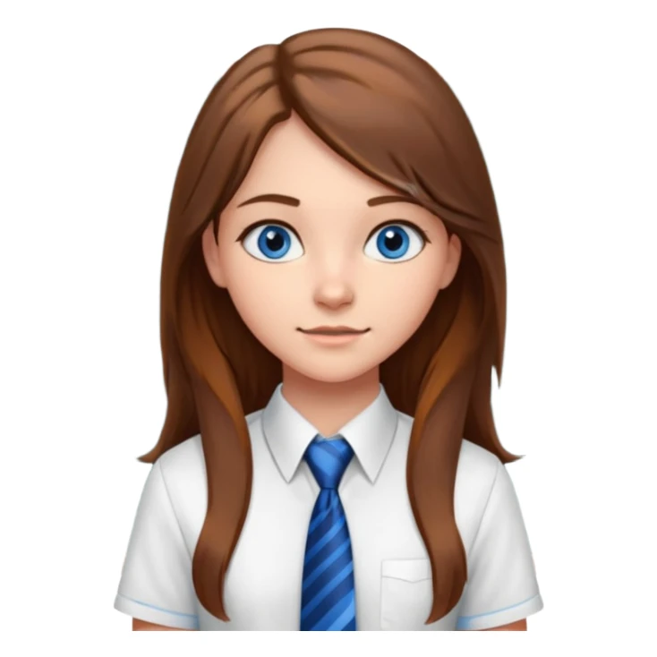 high school class room with a blackboard, with a pretty female high school student with long brown hair, blue eyes, wearing a tie sticker
