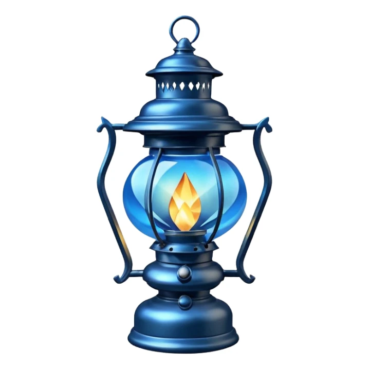 Silvery metallic shiny alloy dark ominous floating diamond-shaped old antique lantern lamp with a magical will-o-wispy glowing blue flame inside it  sticker