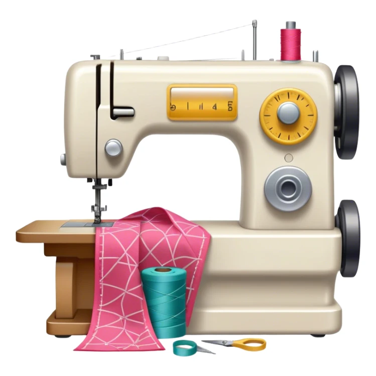 Sewing icon, measuring tape, pins, scissors, and a dress in progress, sewing machine with thread, visible needle, spools of thread, fabric pieces cut according to patterns, minimalistic style, clean lines, transparent background. sticker