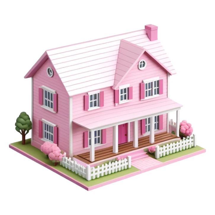 modern farmhouse dollhouse, 3d isometric, pink and white sticker