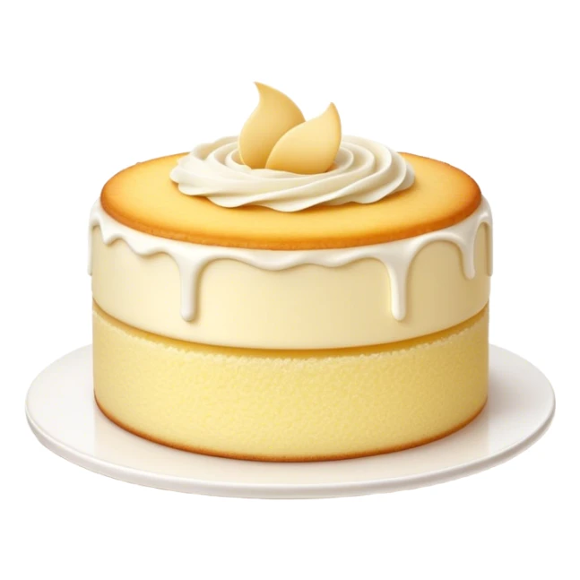 Cinematic Realistic Simple Vanilla Cake, a perfectly baked golden sponge with soft, airy layers, delicate vanilla frosting smoothly spread across the top, tiny flecks of vanilla bean visible, warm golden lighting creating depth, glowing with a sweet, irresistible charm. sticker