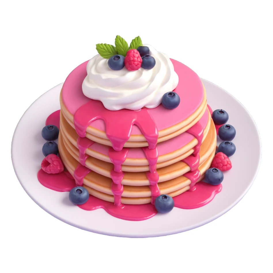 appetizing pink pancakes with berries and whipped cream on a plate, glossy, modern, and fresh sticker