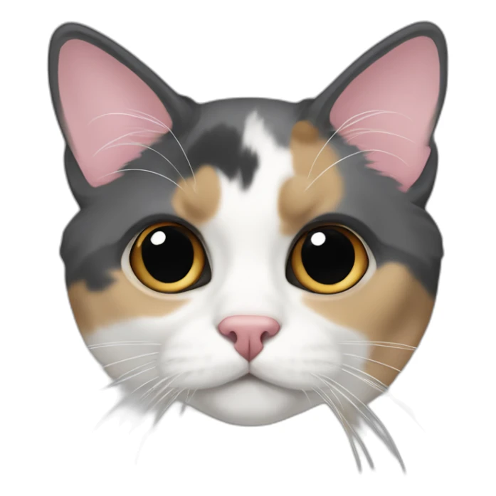 older diluted calico, white chin, black and pink nose, mostly dark grey with whiteish beige forehead sticker