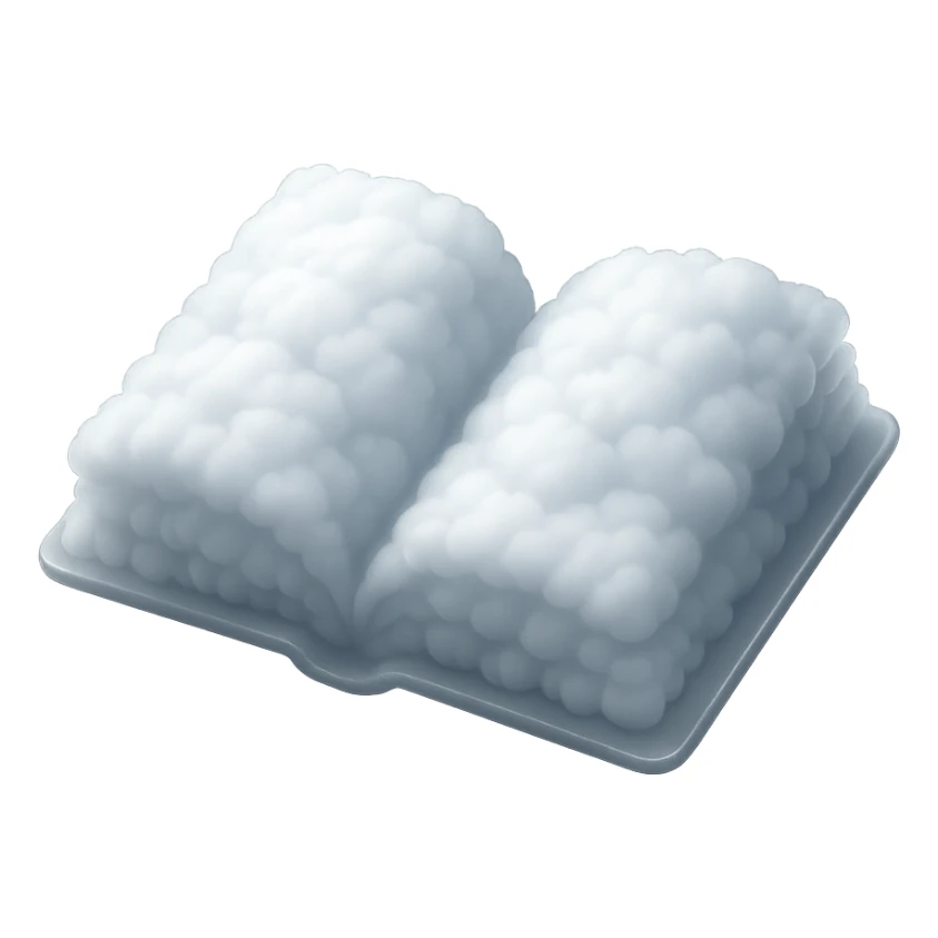 thick open book made entirely of small very bright white fluffy convex clouds, matte glass style, emphasis on volume and luminosity of clouds, no background sticker