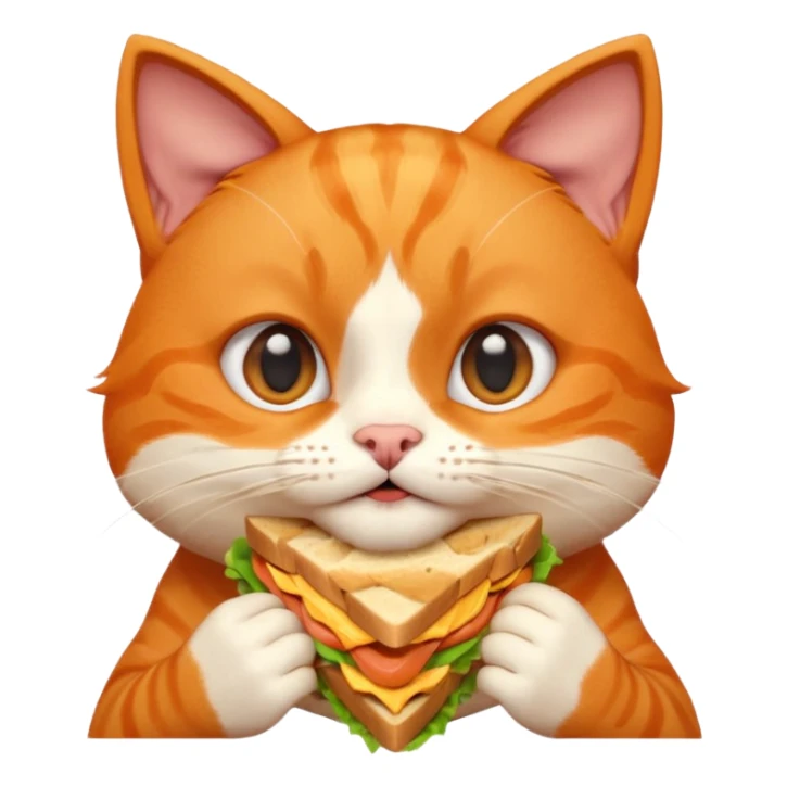 cute orange cat portrait, head and shoulders only, biting a sandwich, funny expression, 3D cartoon, mobile game icon style, clean background, no text, no watermark sticker