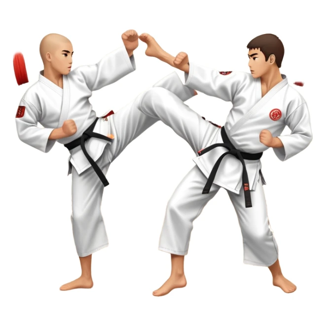 Two karate fighters in traditional gi sparring. One executes a high kick aimed at the opponent’s head, while the other blocks with a strong hand defense. The background features a classic dojo with wooden flooring and banners. Dynamic motion and focused expressions. Transparent background. sticker