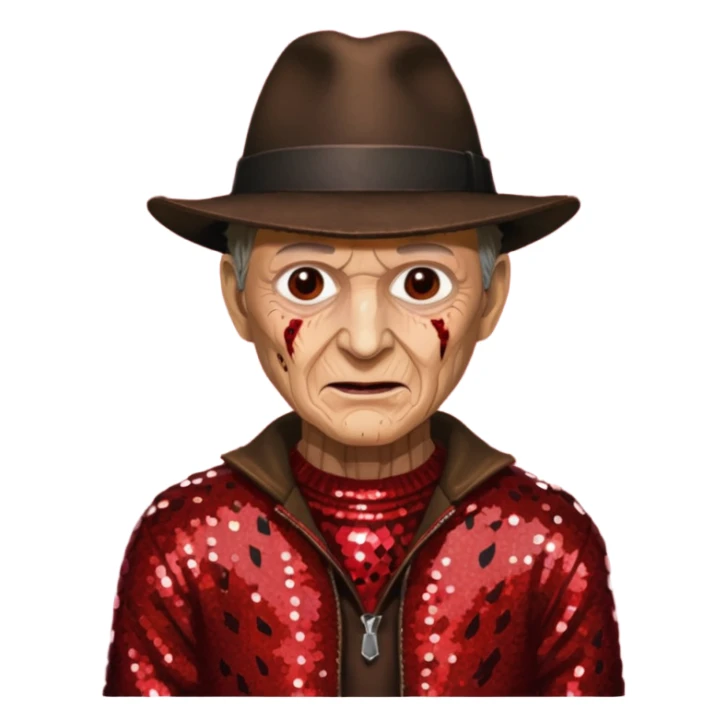 Freddy Krueger with tan burned skin, red sequin sweater, dark brown sequin jacket and hat sticker