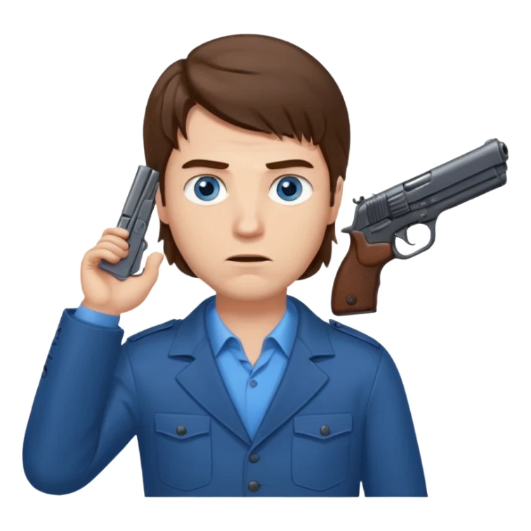 guy w medium long brown hair and blue eyes with gun to head sticker