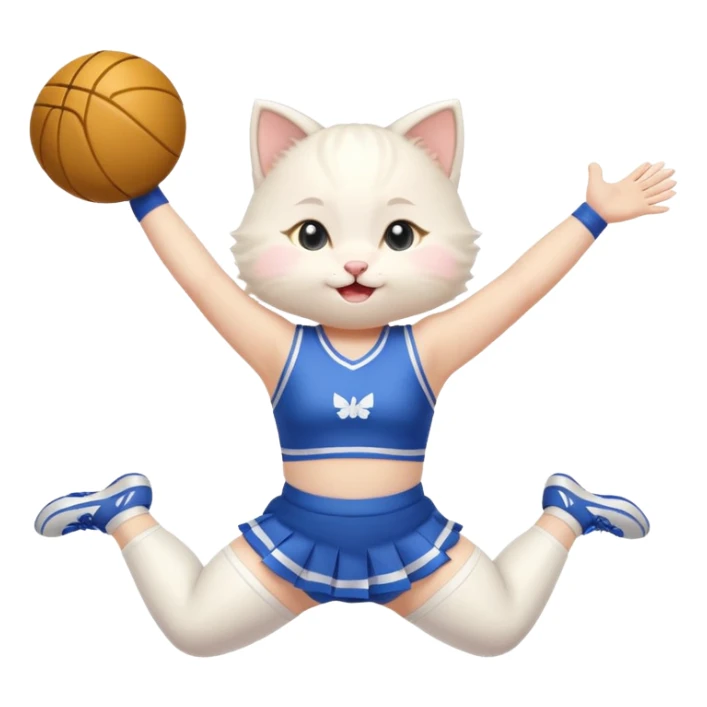 A chubby white kitten cheerleader in pastel uniform jumping in cheer pose. sticker