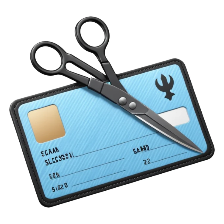 Floating black Scissors cutting a light blue military ID card in 2 parts .hyper realistic sticker